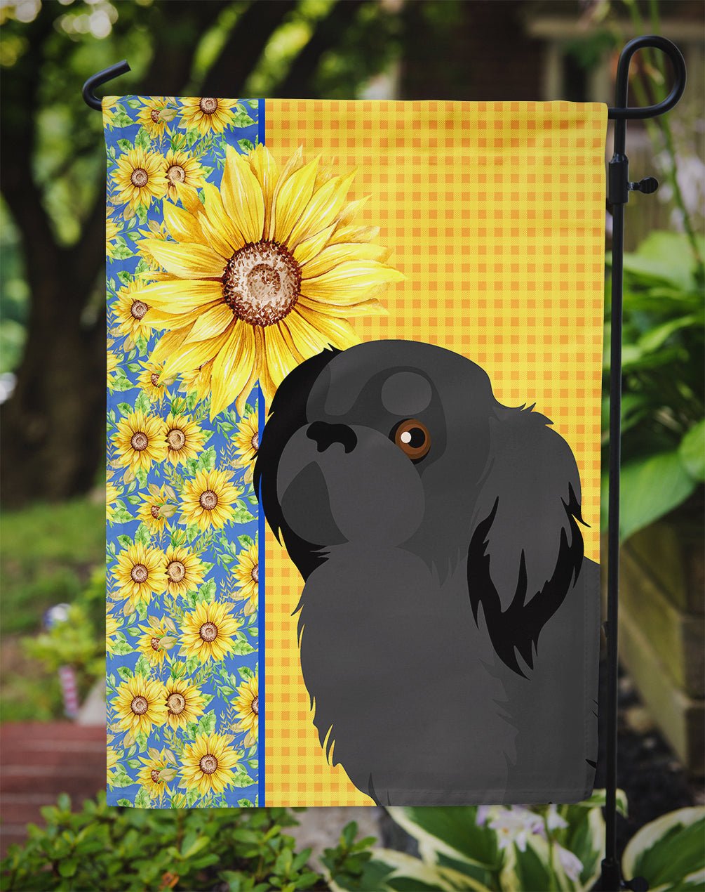 Summer Sunflowers Black Pekingese Flag Garden Size  the-store.com.