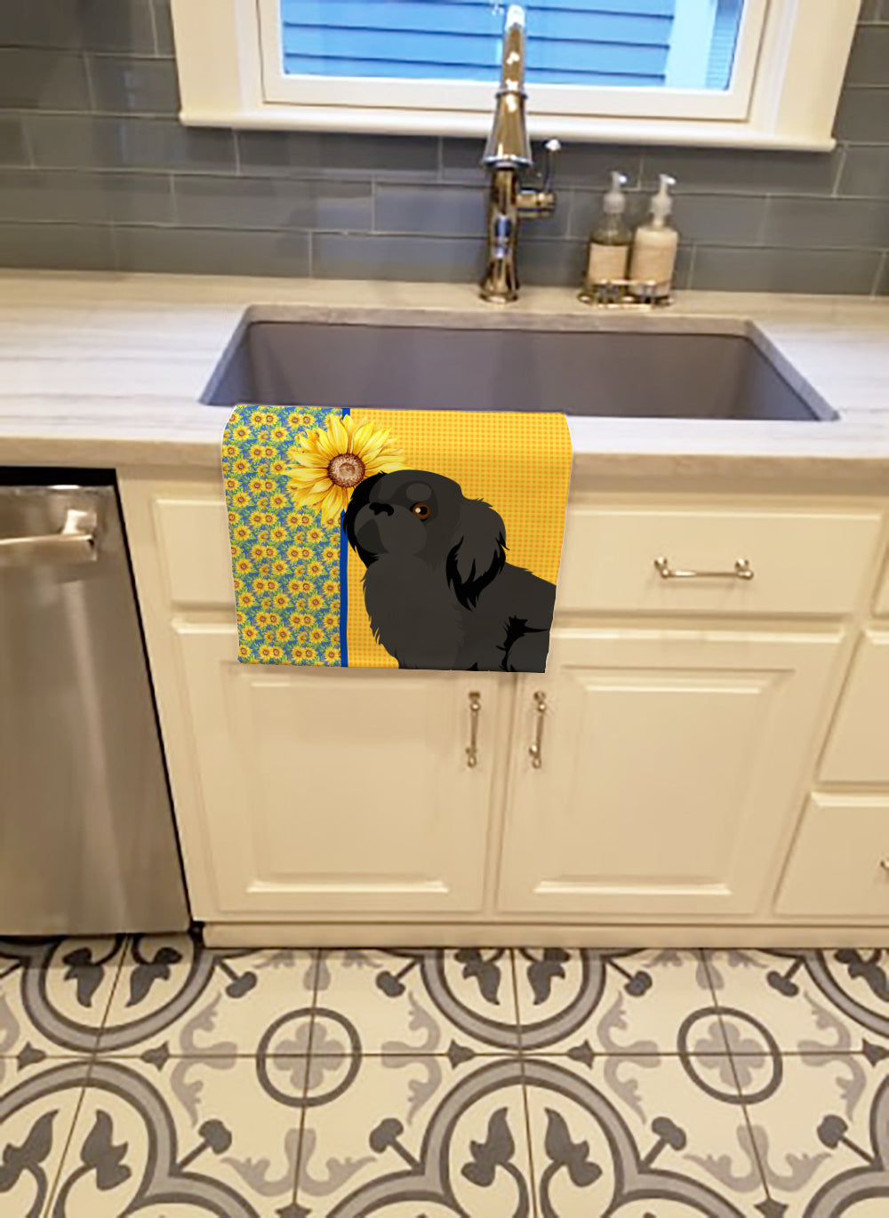 Summer Sunflowers Black Pekingese Kitchen Towel - the-store.com