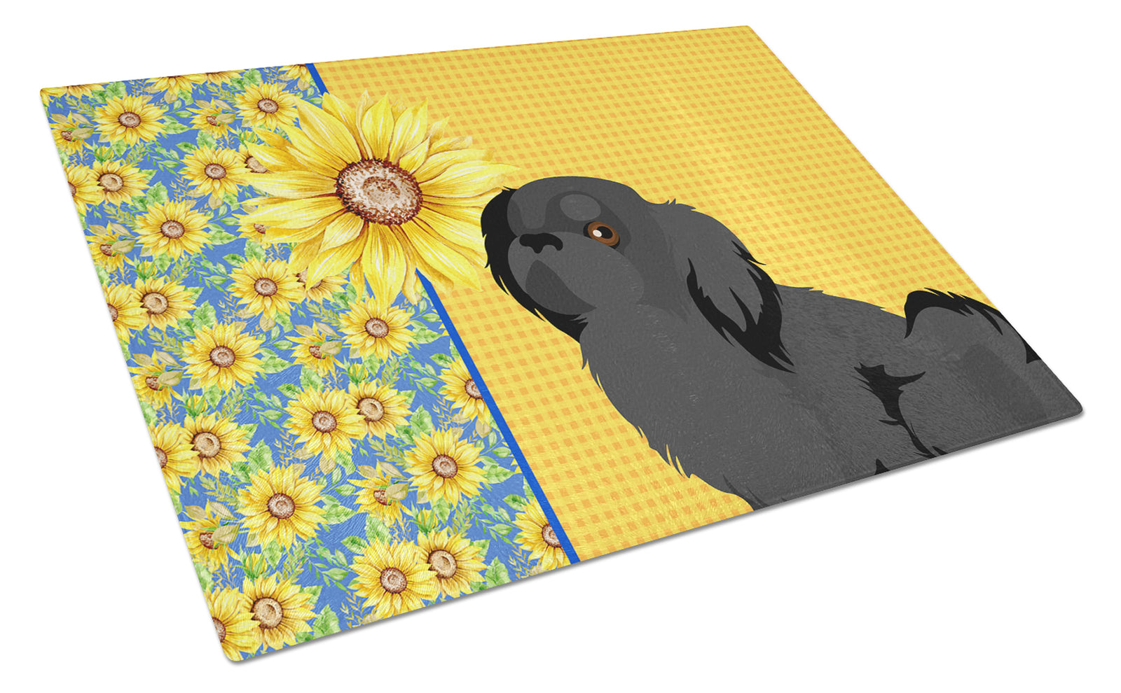 Buy this Summer Sunflowers Black Pekingese Glass Cutting Board Large