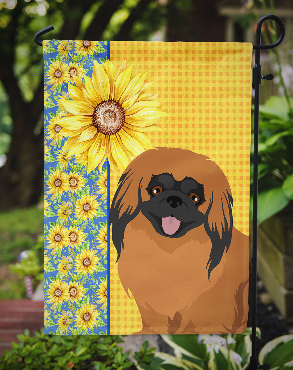 Summer Sunflowers Red Pekingese Flag Garden Size  the-store.com.