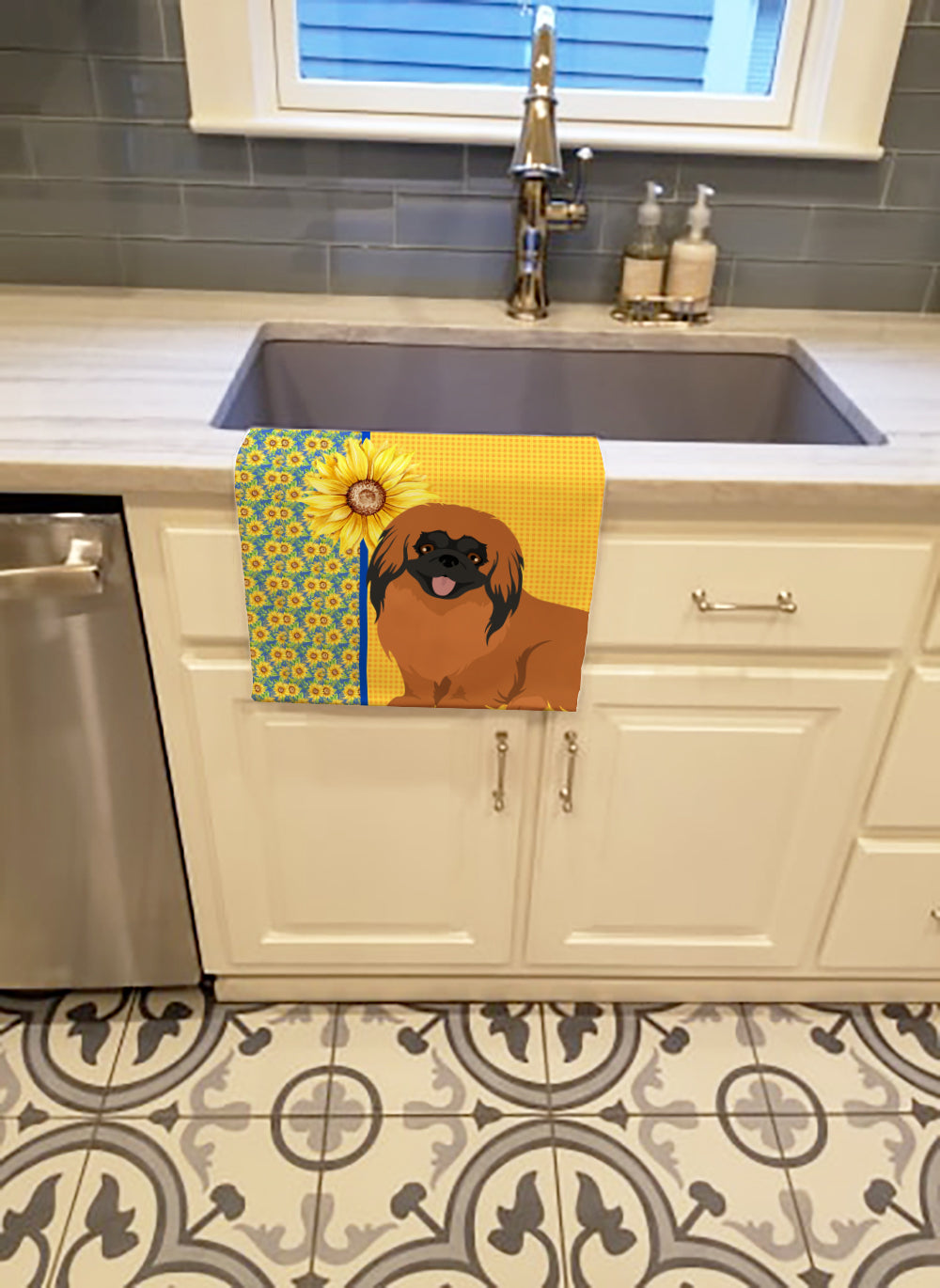 Buy this Summer Sunflowers Red Pekingese Kitchen Towel