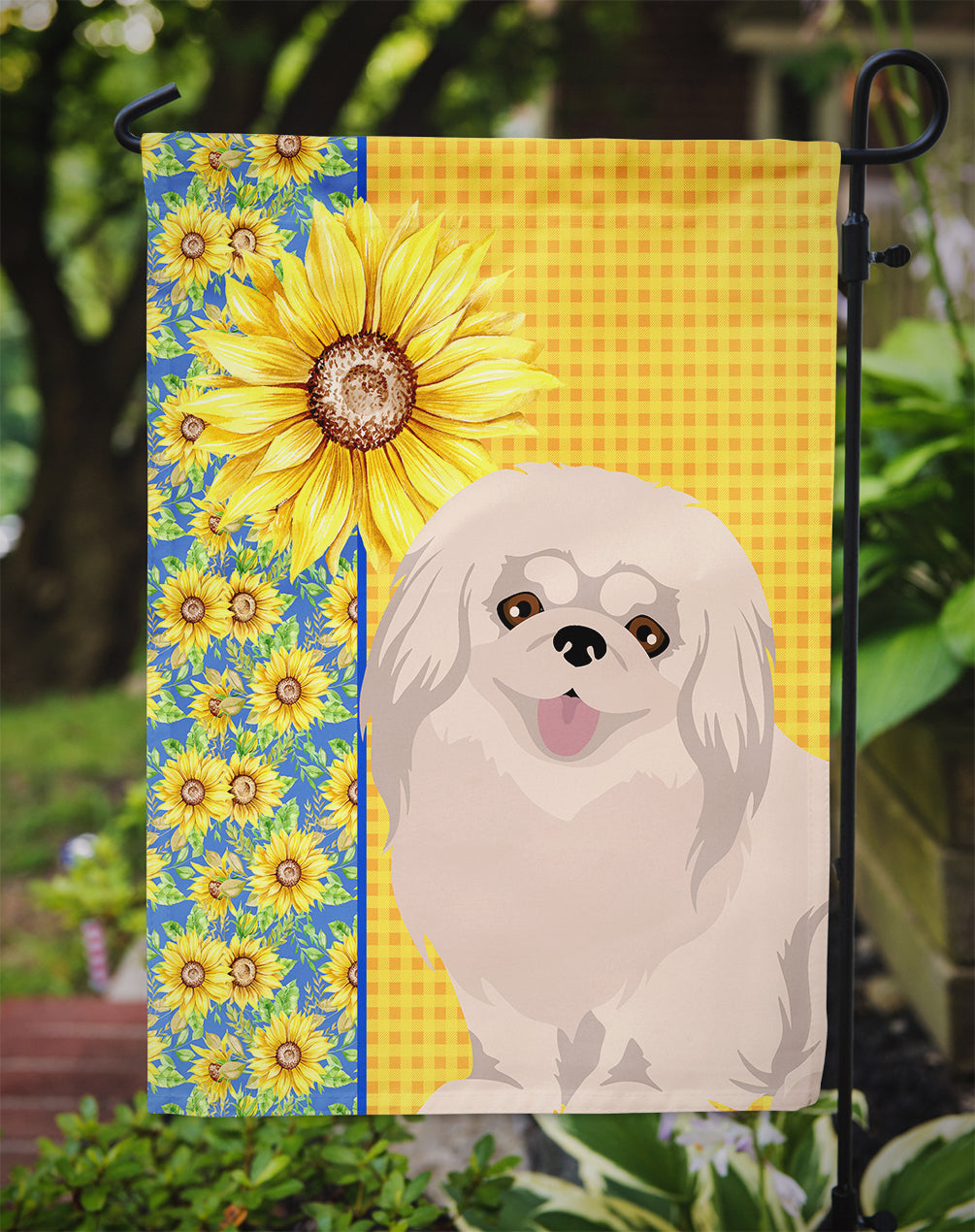 Summer Sunflowers White Pekingese Flag Garden Size  the-store.com.