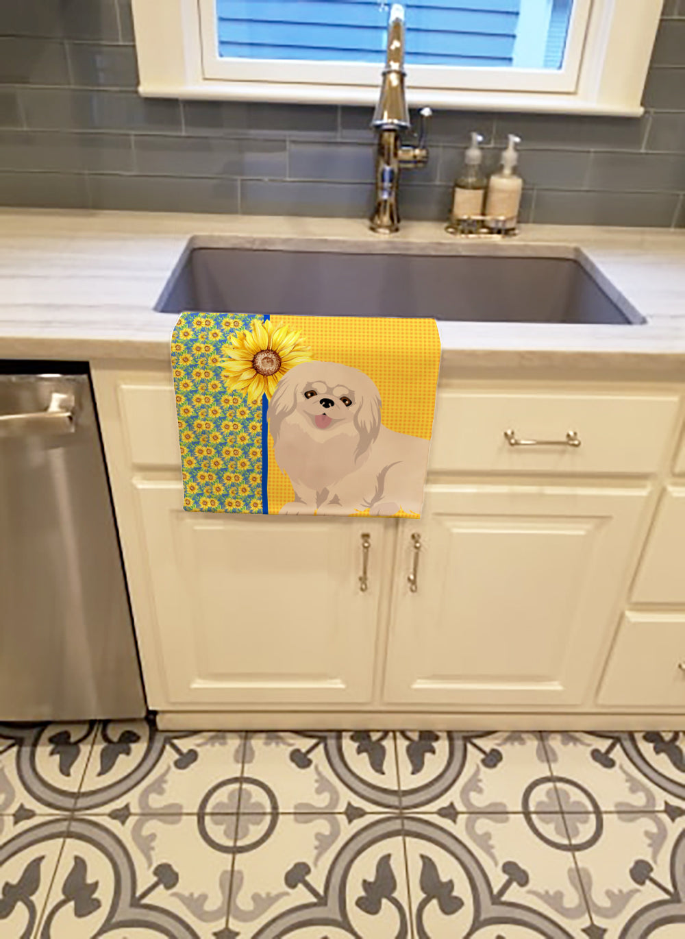 Buy this Summer Sunflowers White Pekingese Kitchen Towel