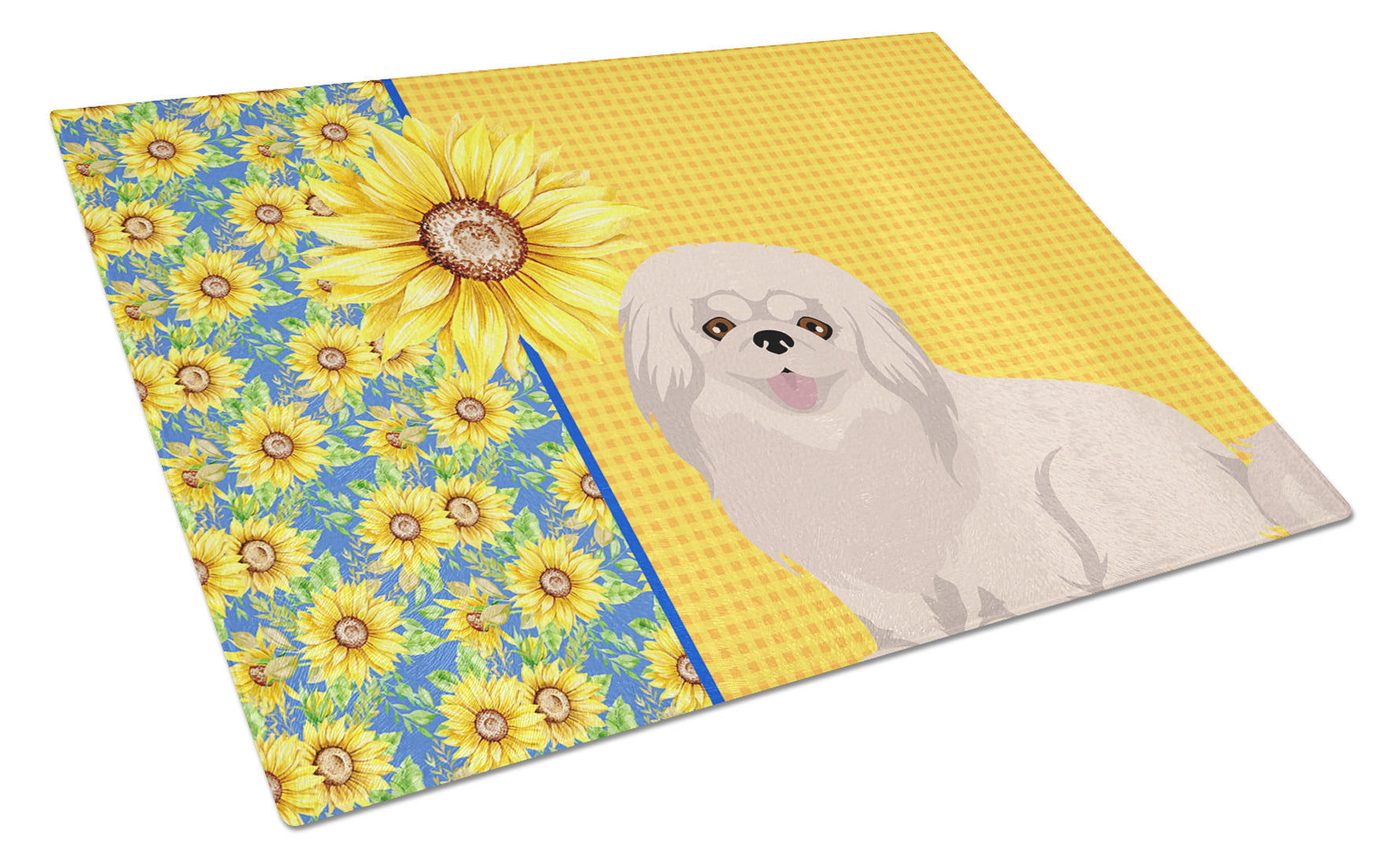 Buy this Summer Sunflowers White Pekingese Glass Cutting Board Large