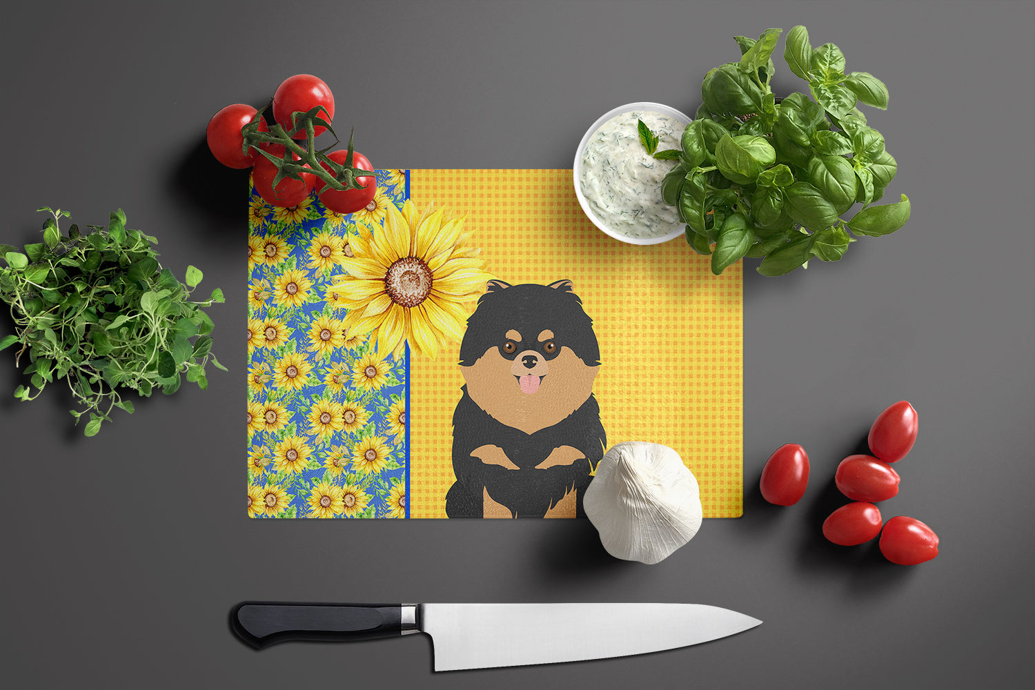 Summer Sunflowers Black and Tan Pomeranian Glass Cutting Board Large - the-store.com