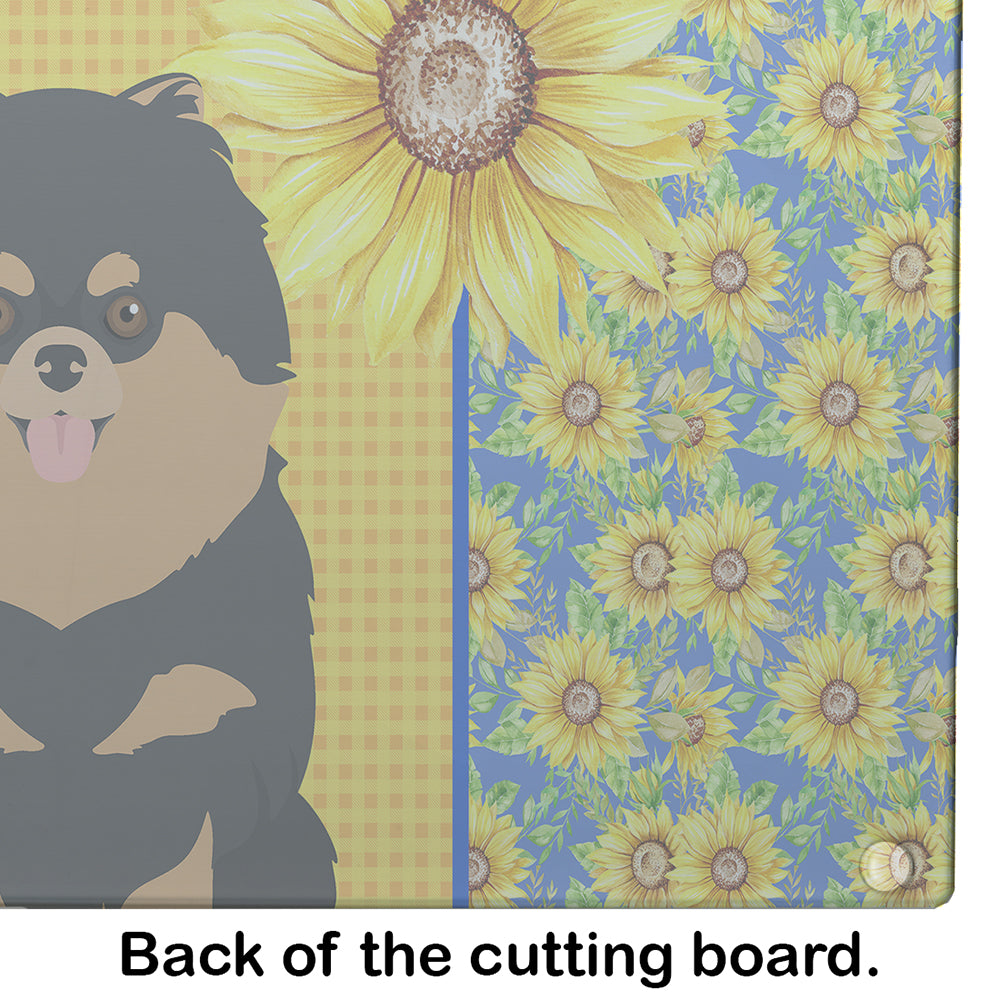 Summer Sunflowers Black and Tan Pomeranian Glass Cutting Board Large - the-store.com