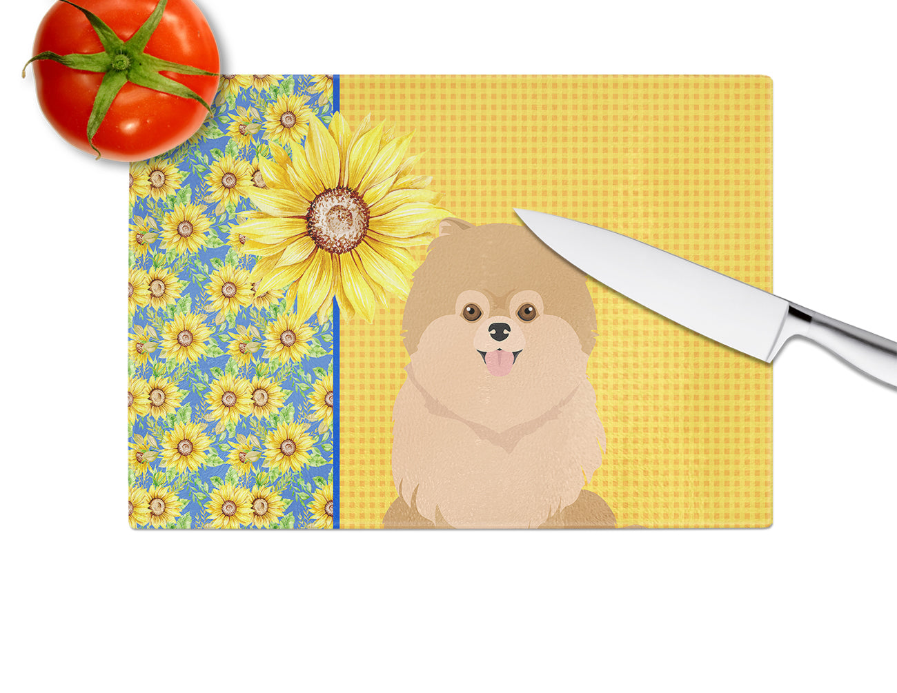 Summer Sunflowers Orange Pomeranian Glass Cutting Board Large - the-store.com