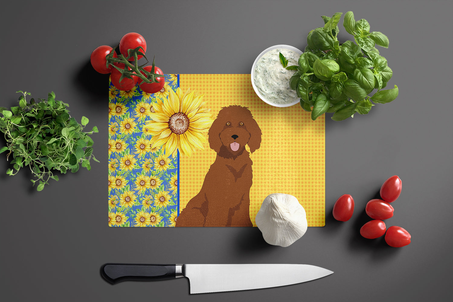 Summer Sunflowers Standard Red Poodle Glass Cutting Board Large - the-store.com