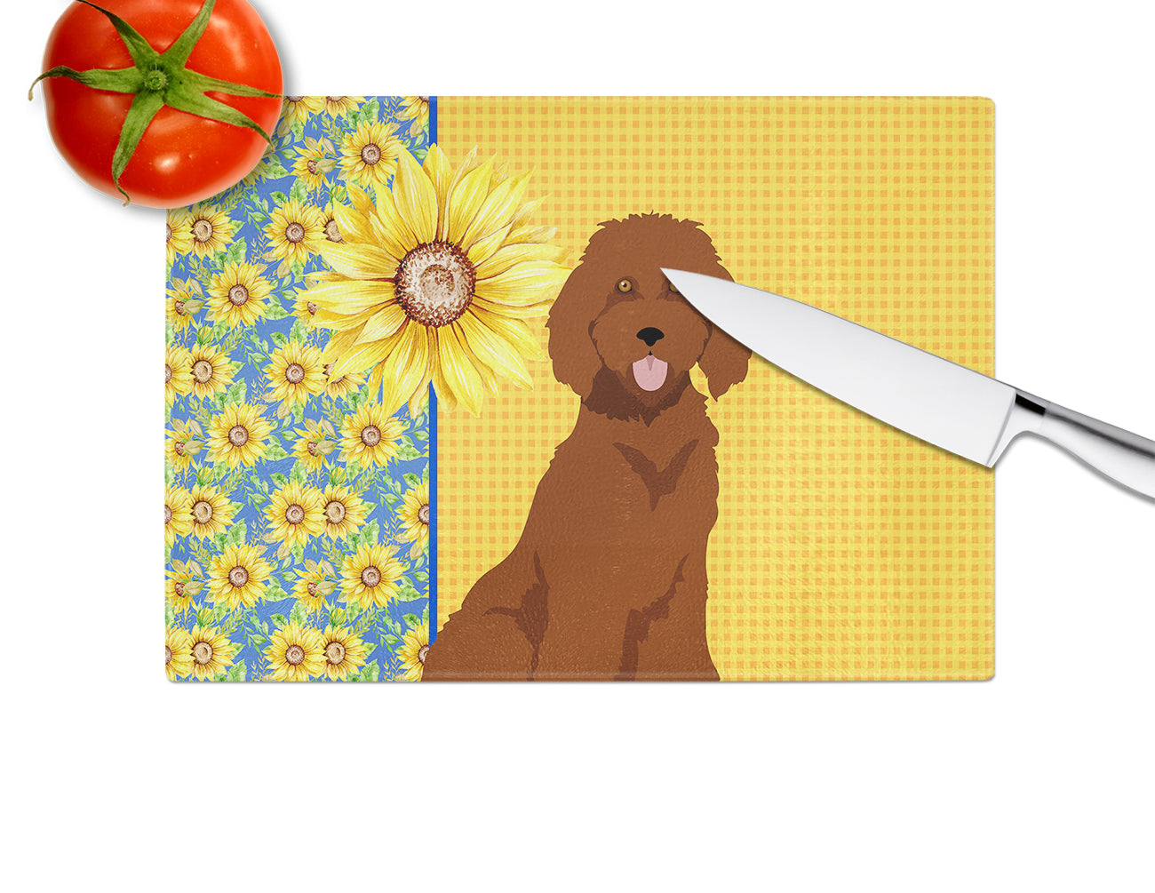 Summer Sunflowers Standard Red Poodle Glass Cutting Board Large - the-store.com