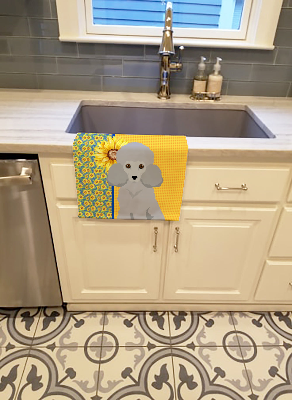 Buy this Summer Sunflowers Toy Silver Poodle Kitchen Towel