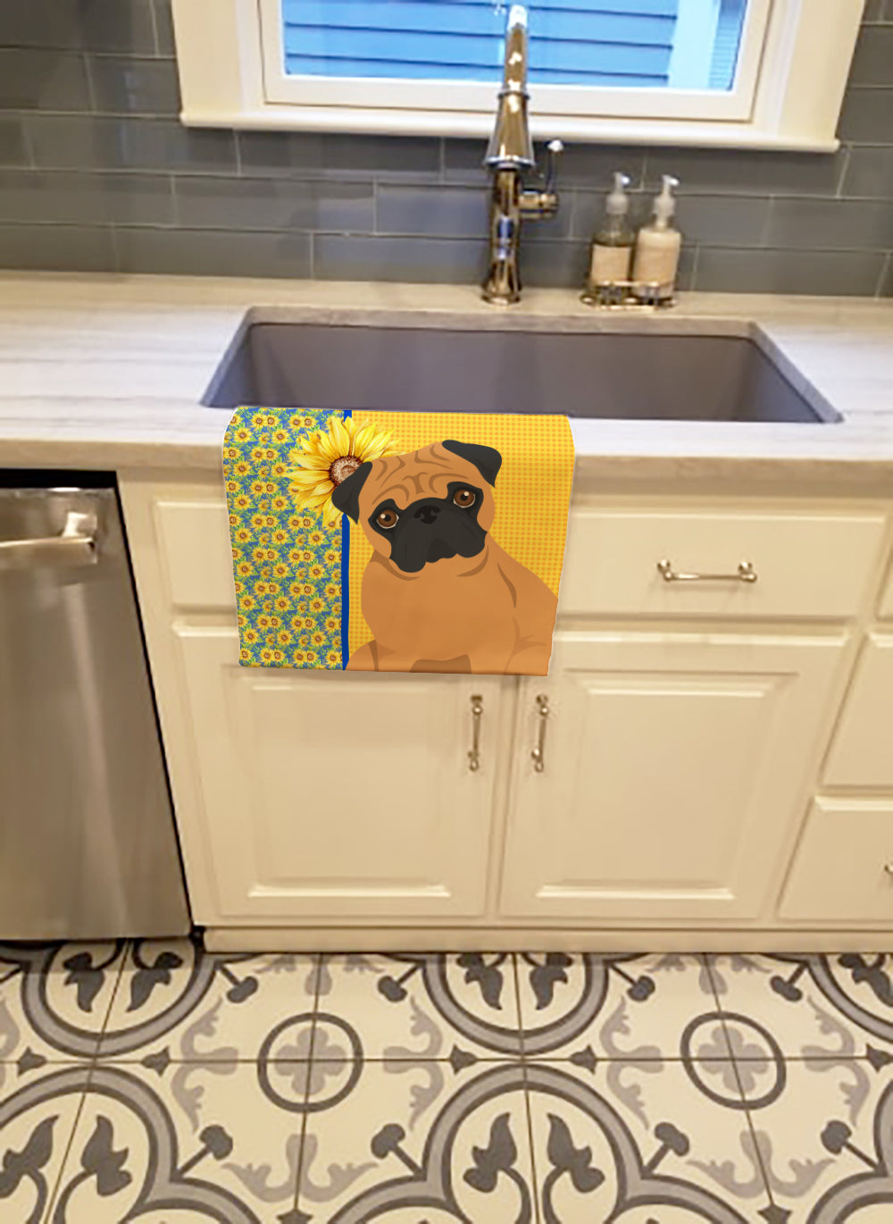 Buy this Summer Sunflowers Apricot Pug Kitchen Towel