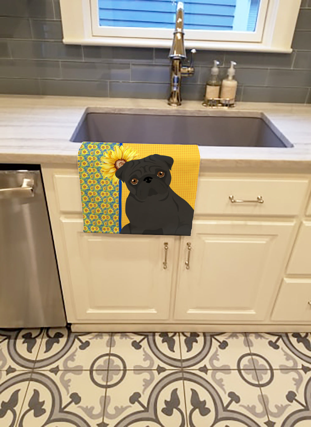 Summer Sunflowers Black Pug Kitchen Towel - the-store.com