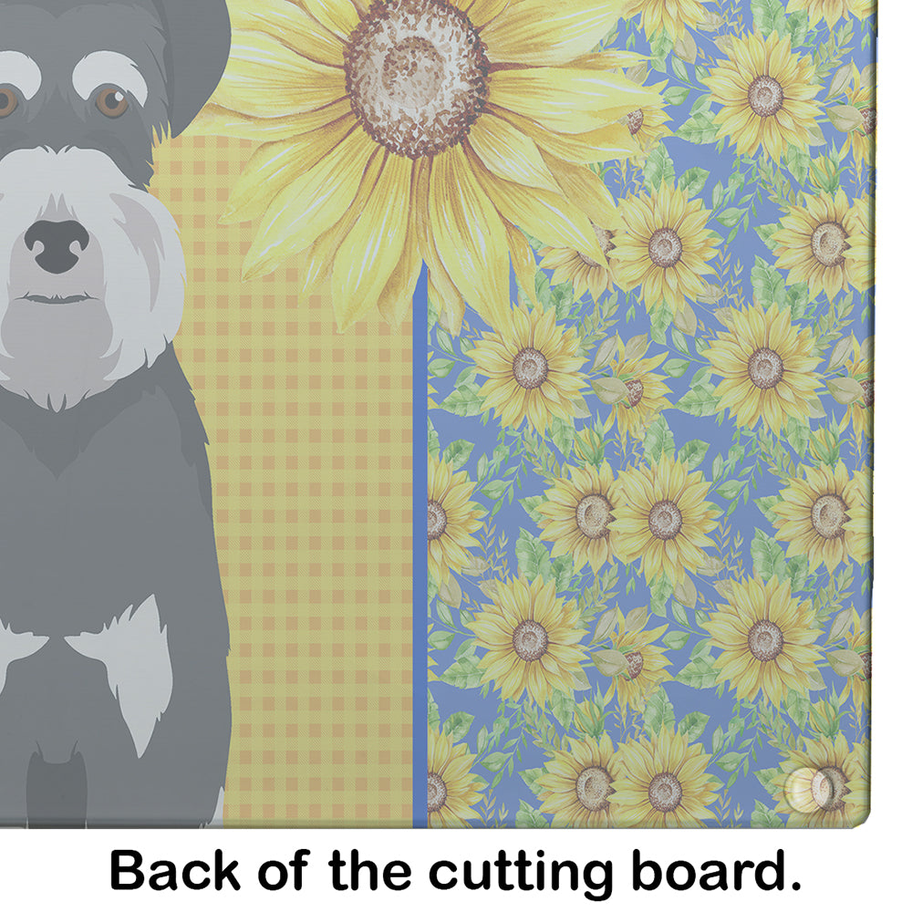 Summer Sunflowers Black and Silver Natural Ears Schnauzer Glass Cutting Board Large - the-store.com