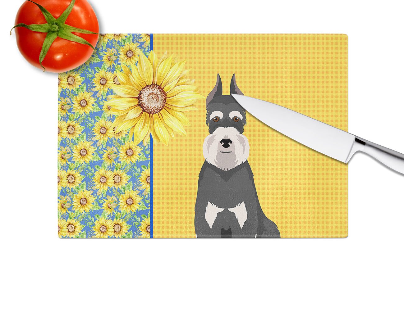 Summer Sunflowers Black and Silver Schnauzer Glass Cutting Board Large - the-store.com