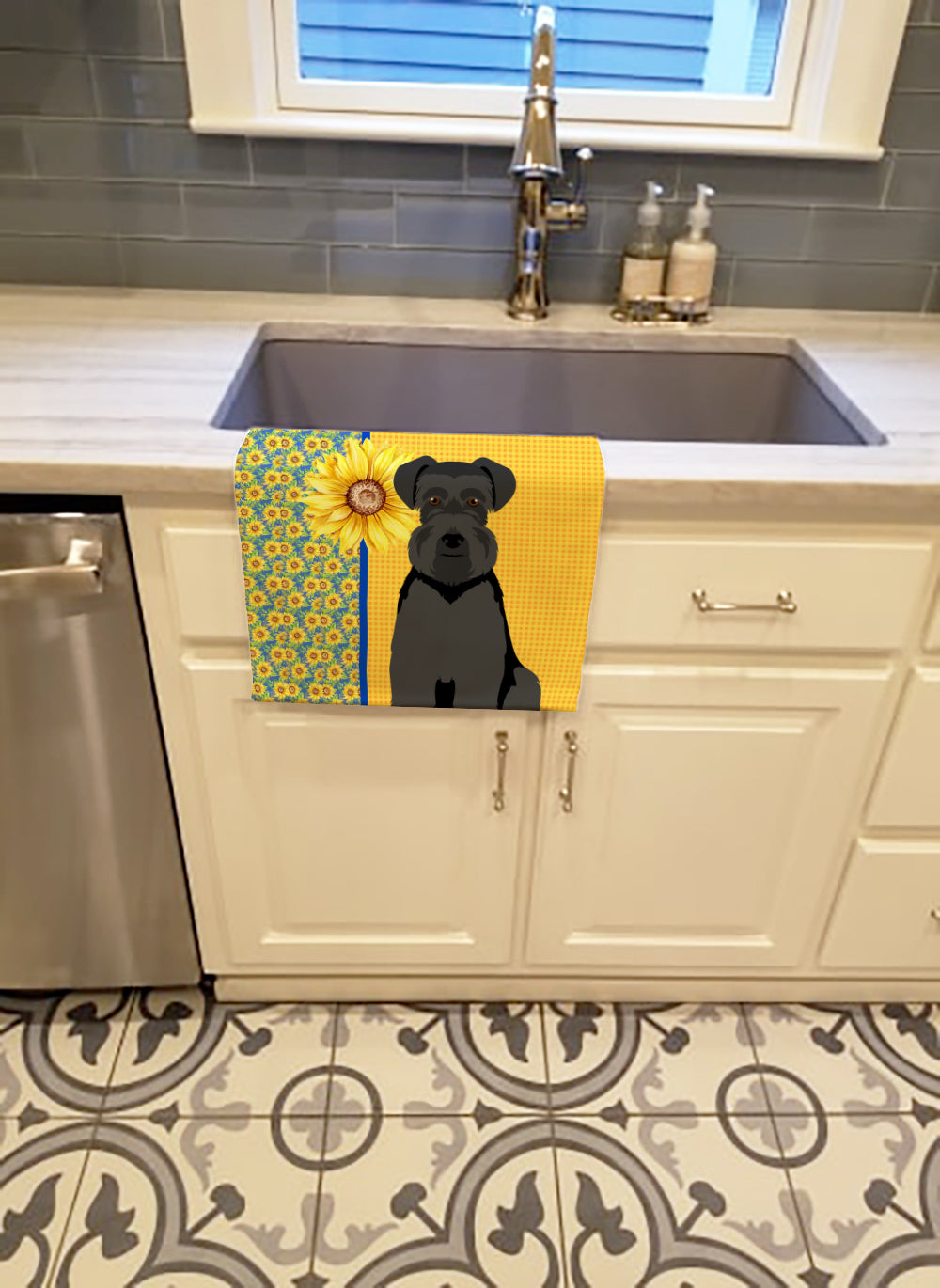 Summer Sunflowers Black Natural Ears Schnauzer Kitchen Towel - the-store.com