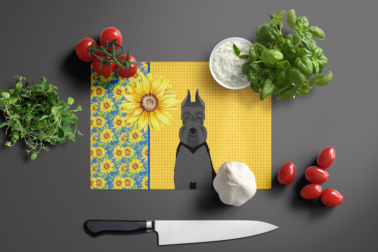 Summer Sunflowers Black Schnauzer Glass Cutting Board Large - the-store.com