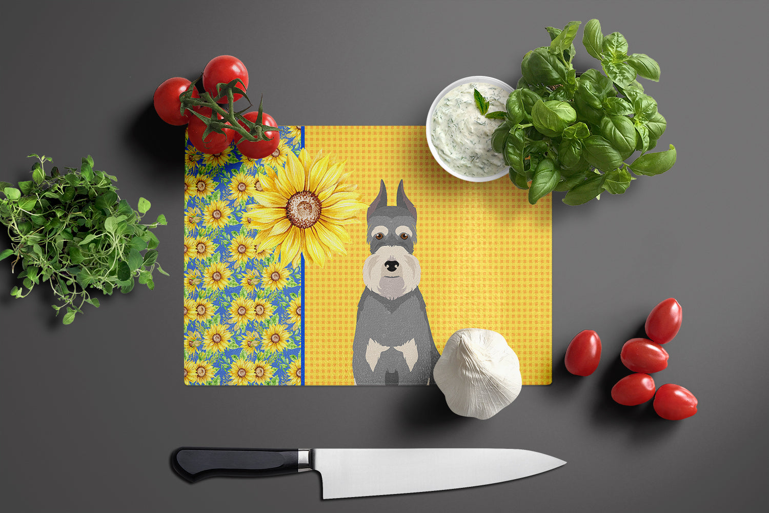 Summer Sunflowers Salt Pepper Schnauzer Glass Cutting Board Large - the-store.com