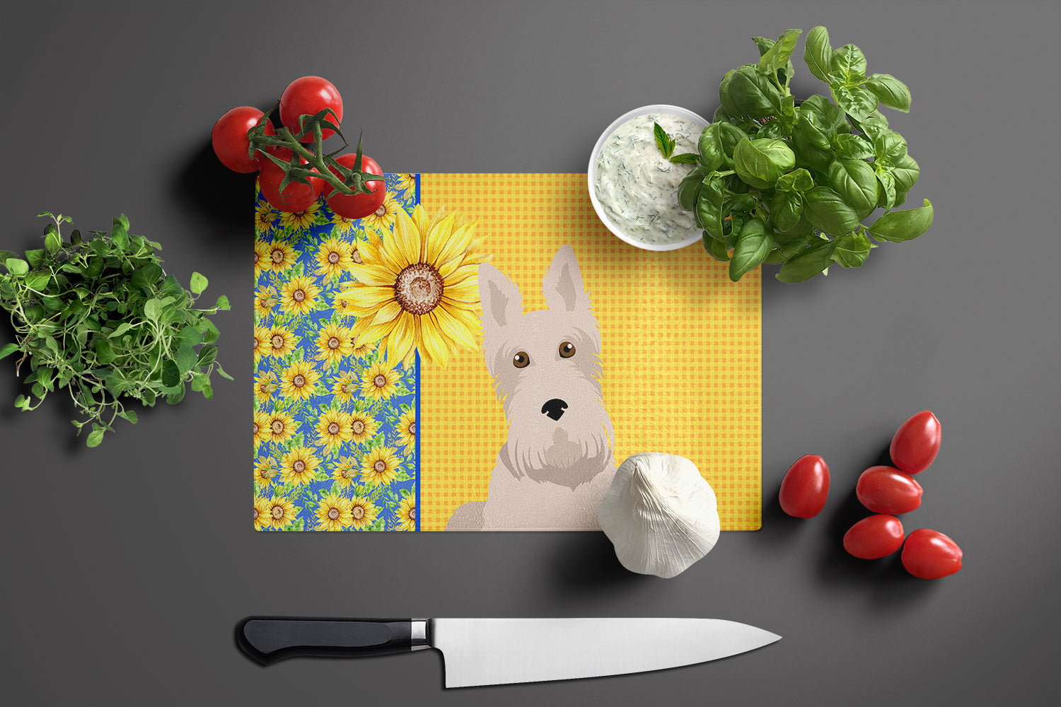 Summer Sunflowers Wheaten Scottish Terrier Glass Cutting Board Large - the-store.com