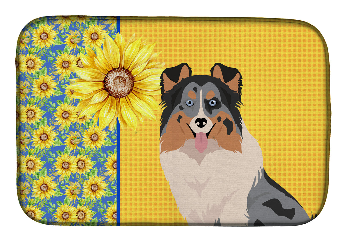 Summer Sunflowers Blue Merle Sheltie Dish Drying Mat  the-store.com.