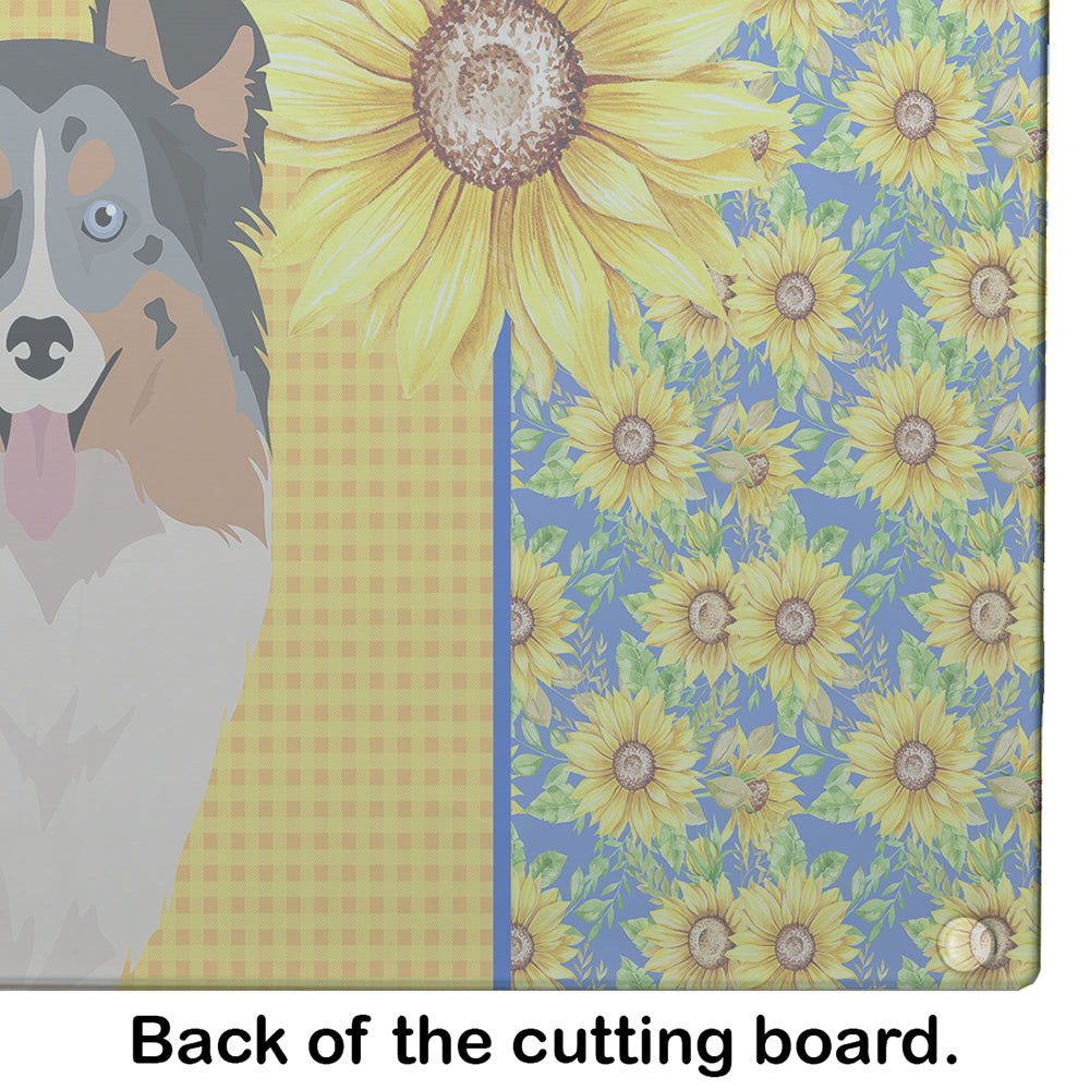 Summer Sunflowers Blue Merle Sheltie Glass Cutting Board Large - the-store.com