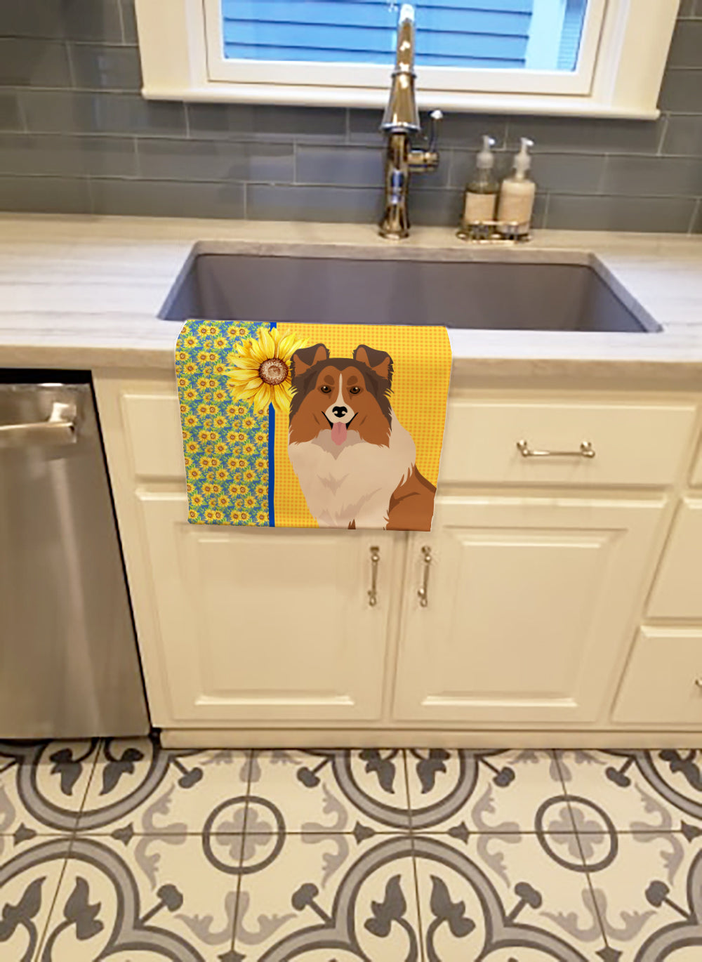 Buy this Summer Sunflowers Sable Sheltie Kitchen Towel