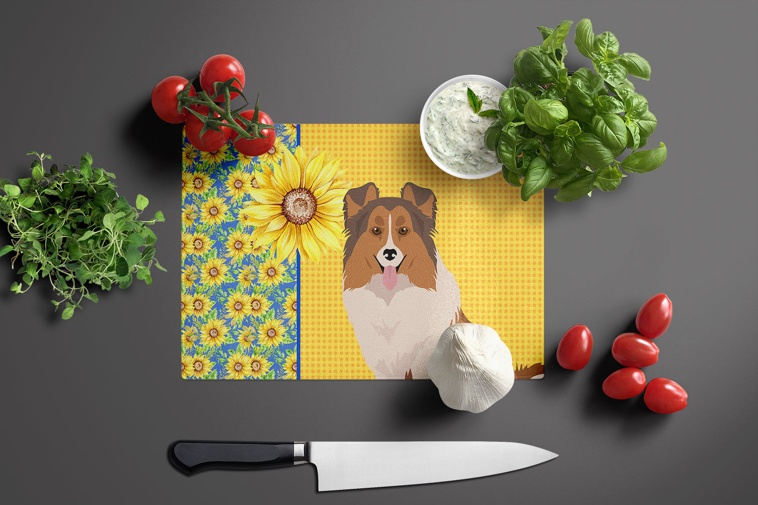 Summer Sunflowers Sable Sheltie Glass Cutting Board Large - the-store.com