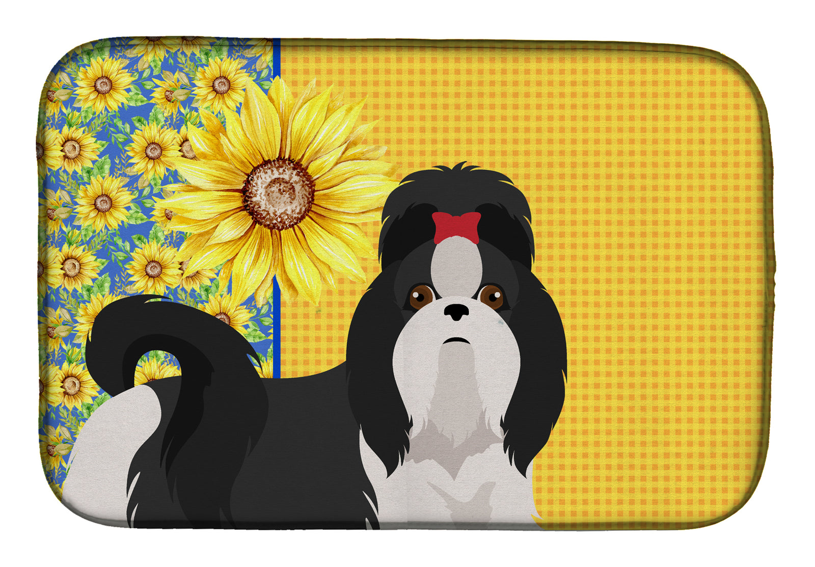 Summer Sunflowers Black and White Shih Tzu Dish Drying Mat  the-store.com.