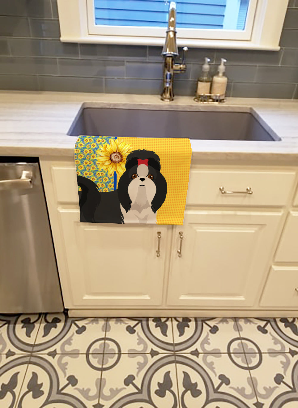 Buy this Summer Sunflowers Black and White Shih Tzu Kitchen Towel