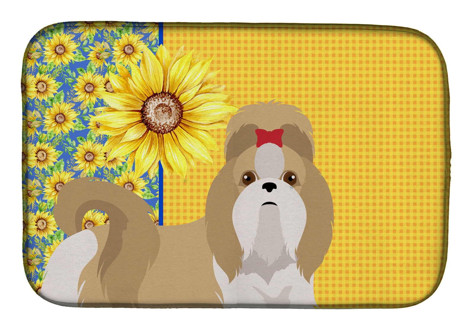 Summer Sunflowers Gold and White Shih Tzu Dish Drying Mat  the-store.com.