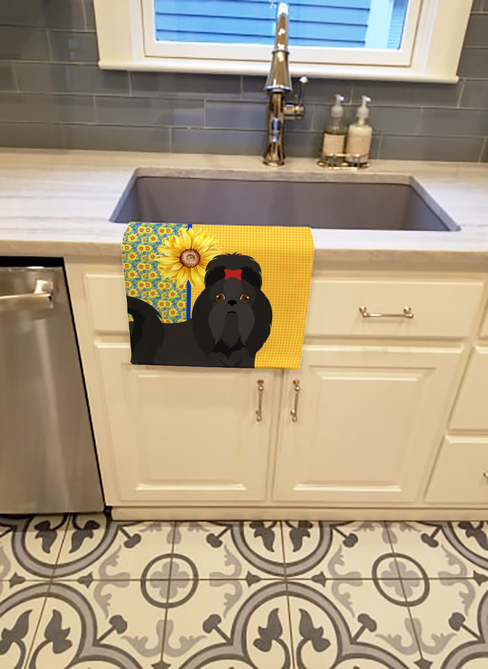 Buy this Summer Sunflowers Black Shih Tzu Kitchen Towel