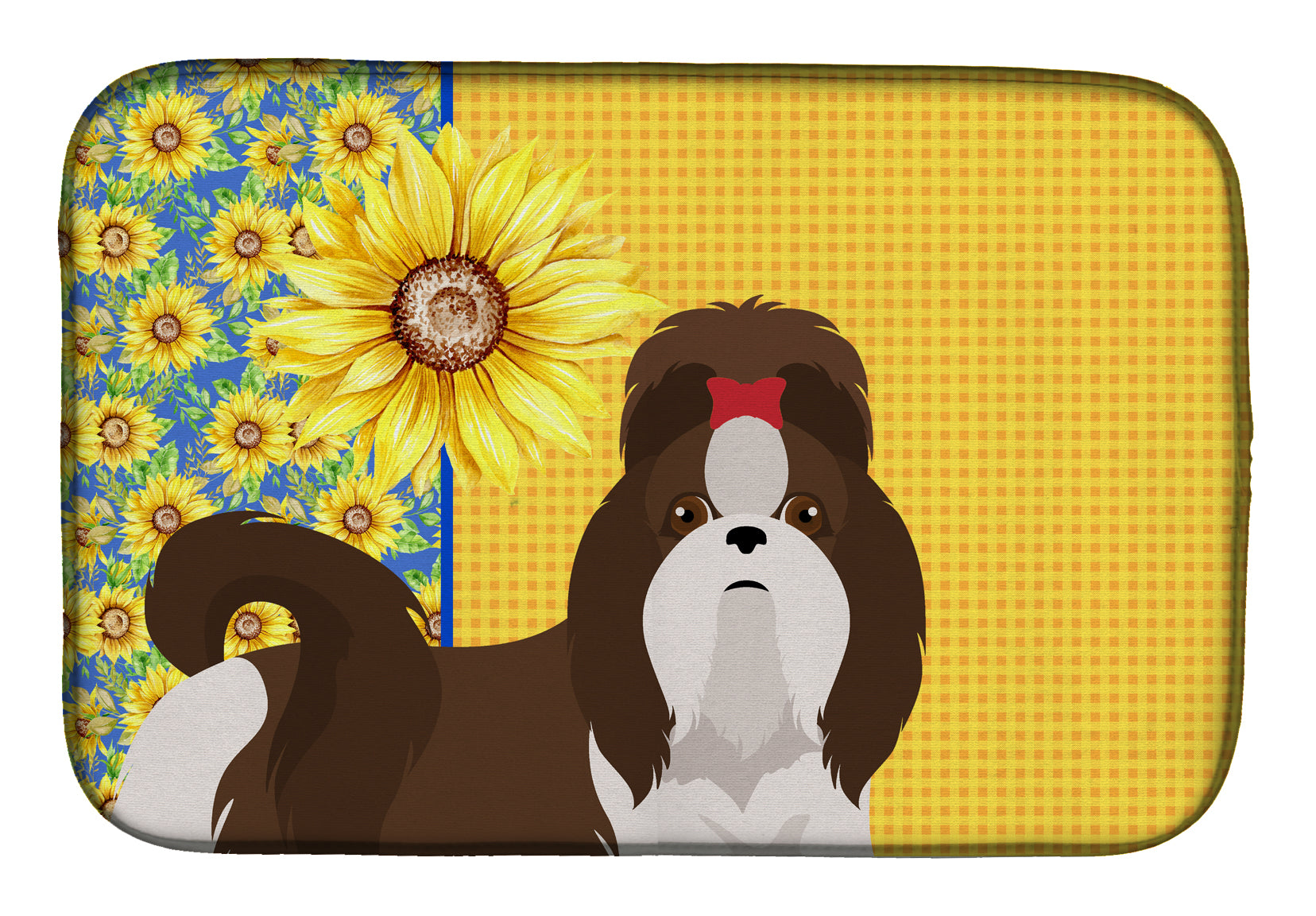 Summer Sunflowers Liver and White Shih Tzu Dish Drying Mat  the-store.com.