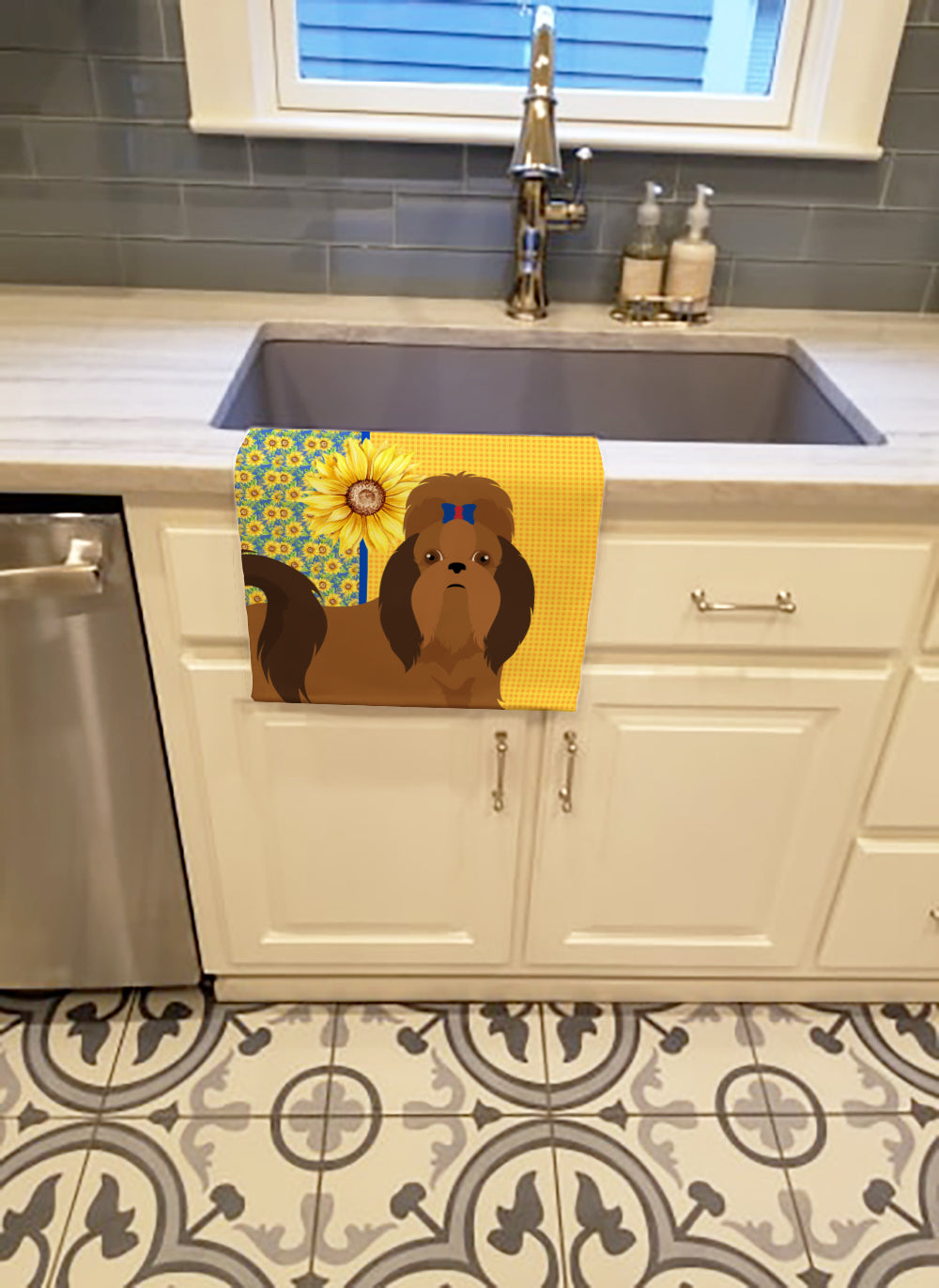 Buy this Summer Sunflowers Red Shih Tzu Kitchen Towel