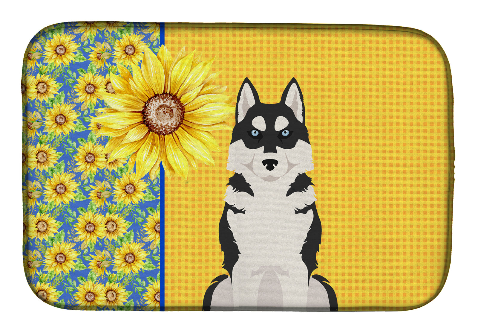 Summer Sunflowers Black Siberian Husky Dish Drying Mat  the-store.com.