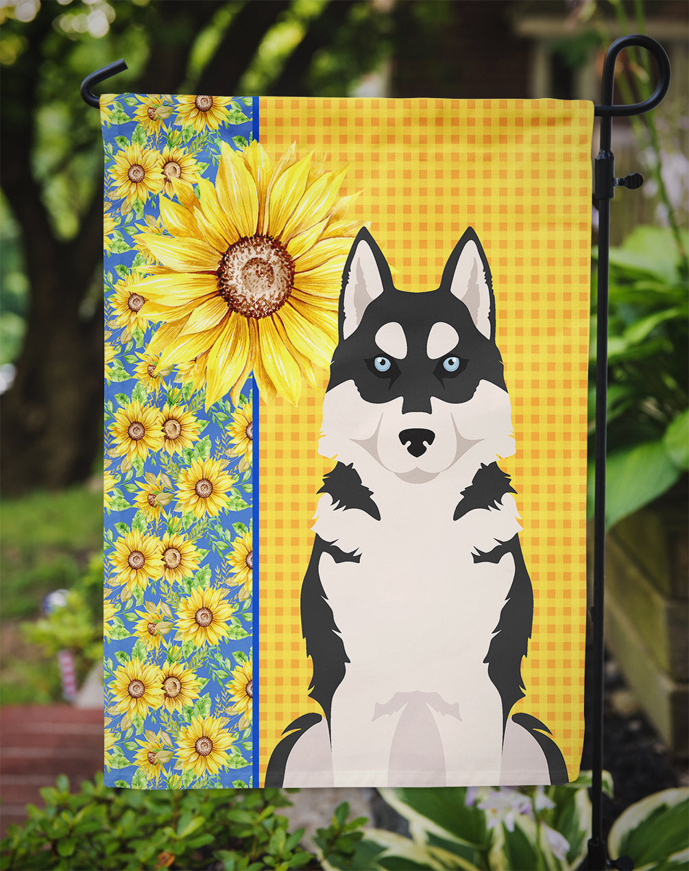 Summer Sunflowers Black Siberian Husky Flag Garden Size  the-store.com.