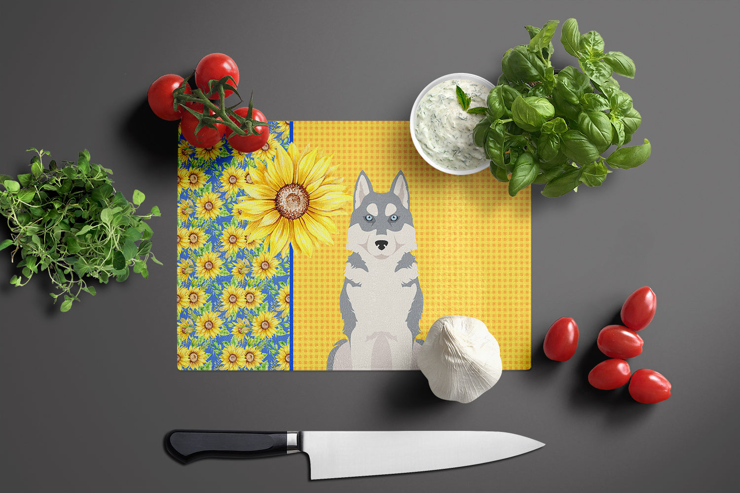 Summer Sunflowers Grey Siberian Husky Glass Cutting Board Large - the-store.com