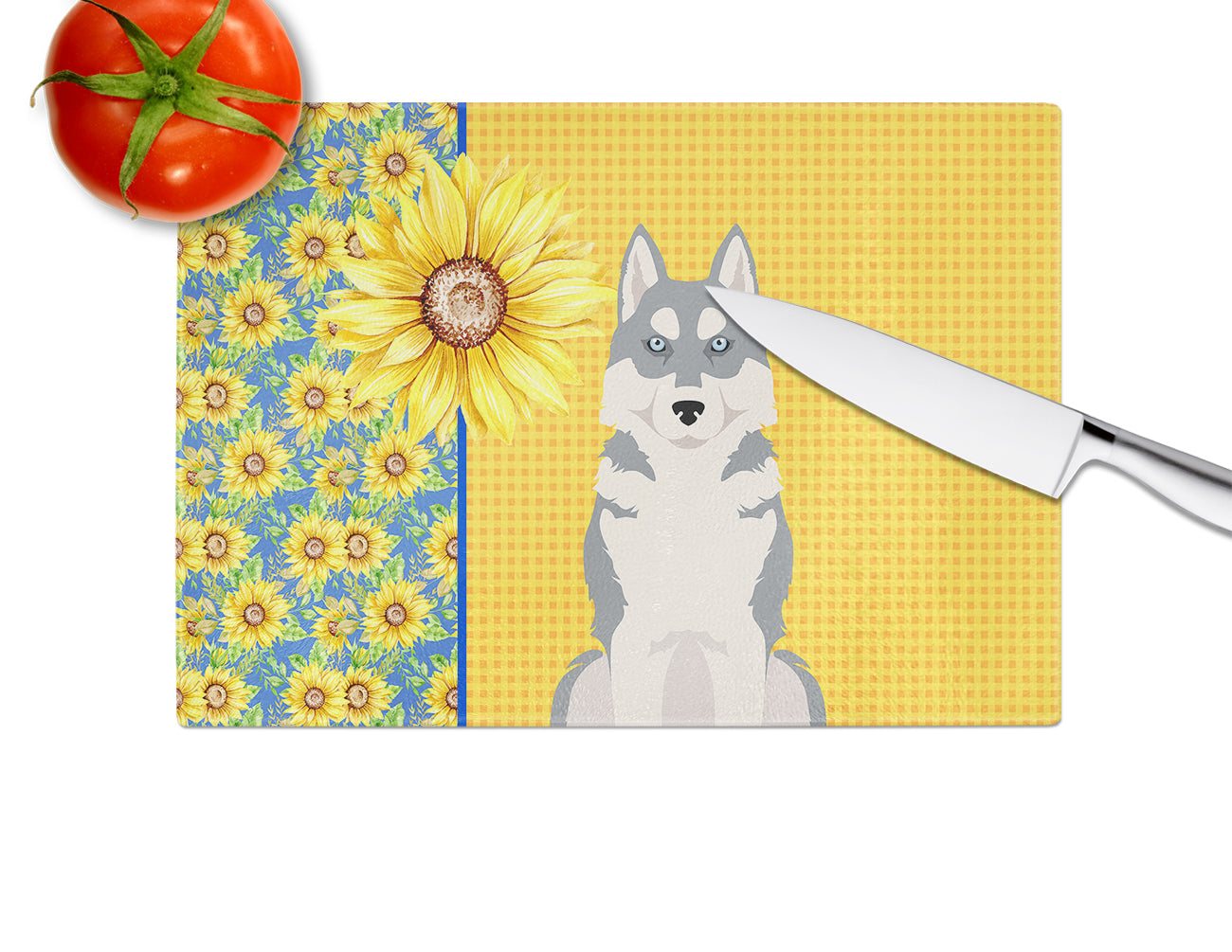 Summer Sunflowers Grey Siberian Husky Glass Cutting Board Large - the-store.com