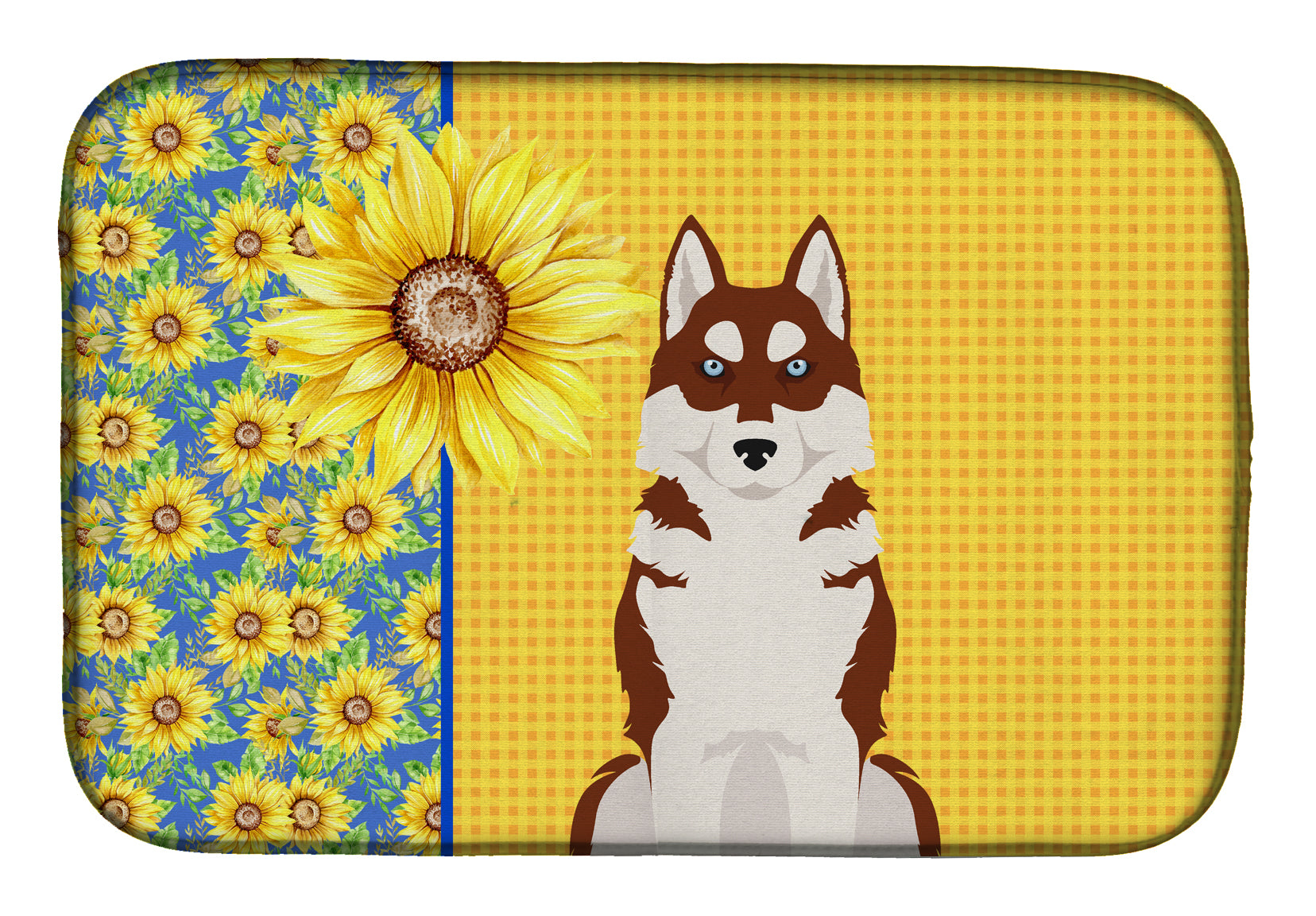 Summer Sunflowers Red Siberian Husky Dish Drying Mat  the-store.com.