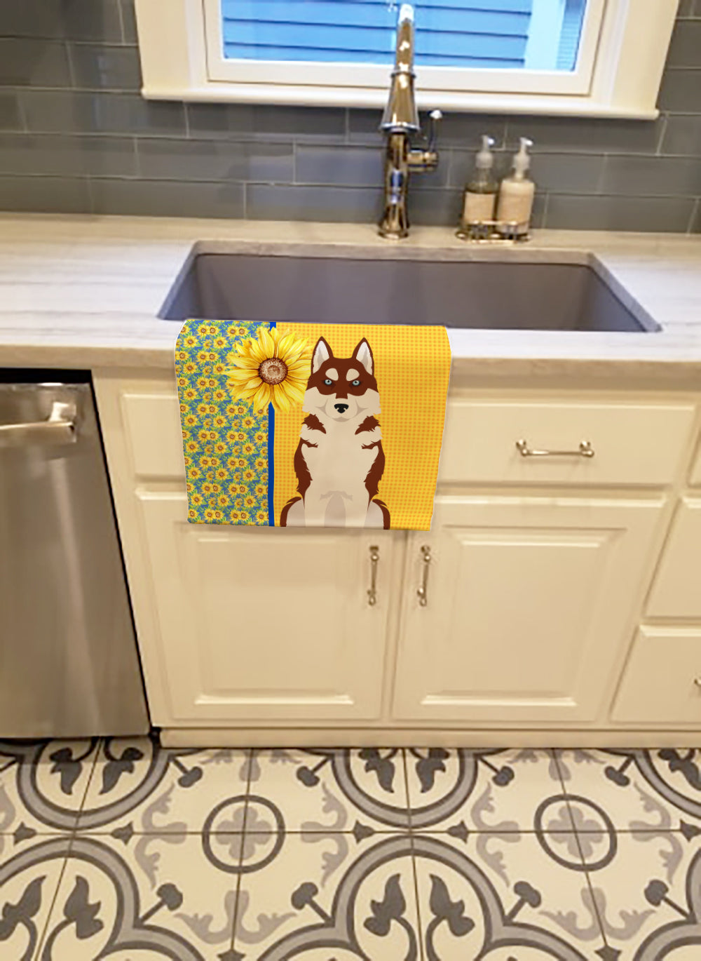 Summer Sunflowers Red Siberian Husky Kitchen Towel - the-store.com