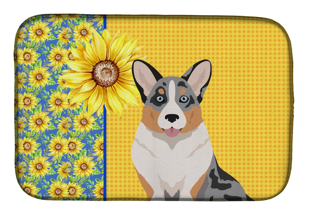 Summer Sunflowers Blue Merle Cardigan Corgi Dish Drying Mat  the-store.com.