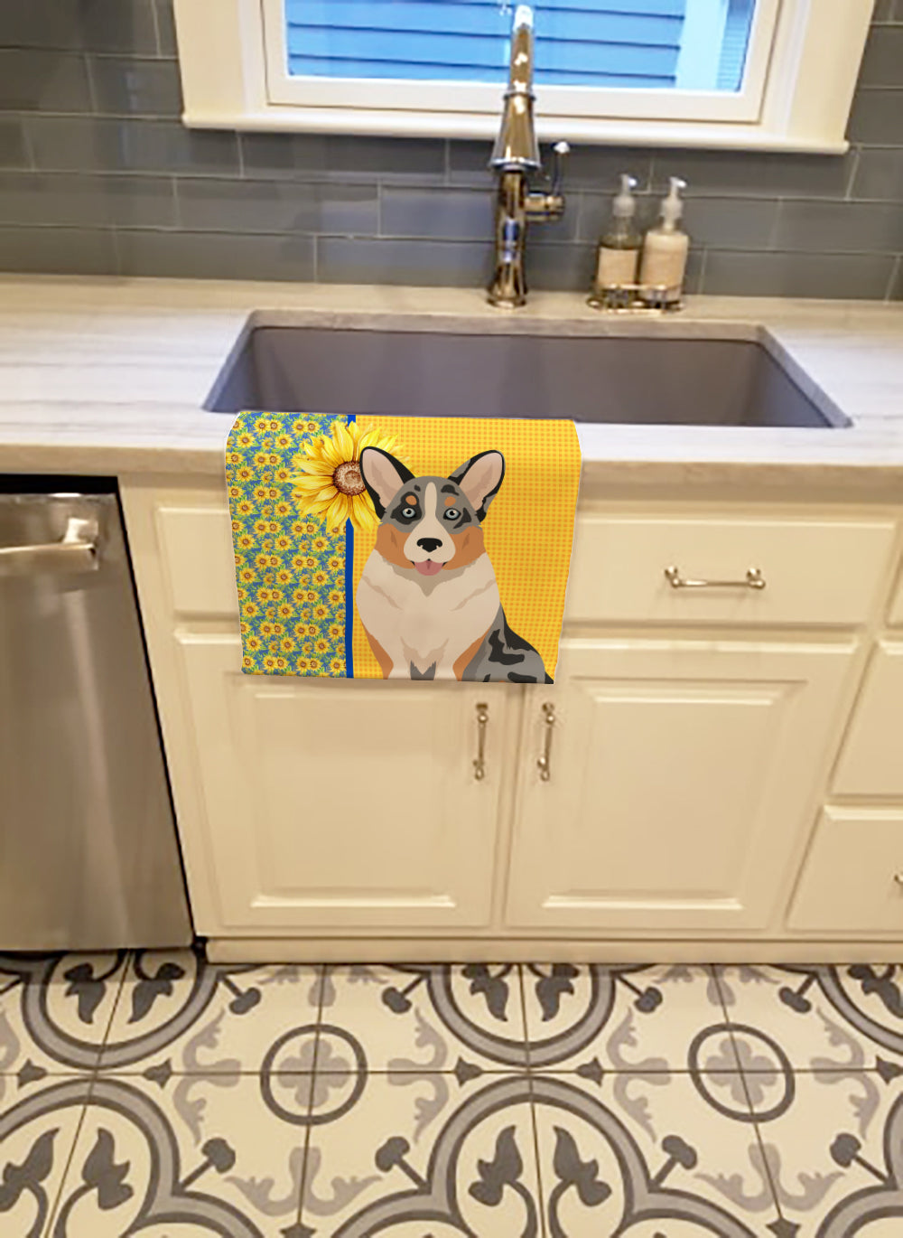 Buy this Summer Sunflowers Blue Merle Cardigan Corgi Kitchen Towel