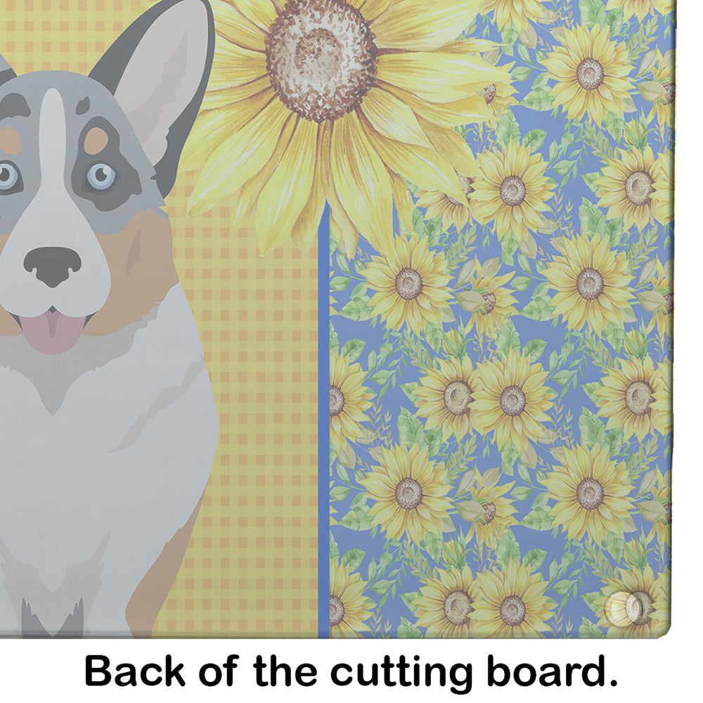 Summer Sunflowers Blue Merle Cardigan Corgi Glass Cutting Board Large - the-store.com