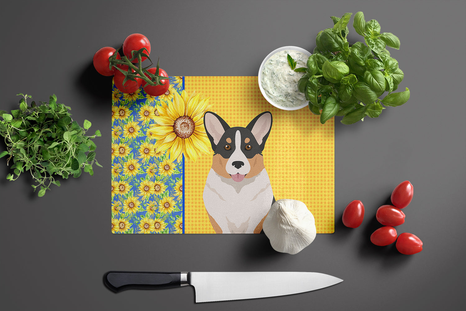 Summer Sunflowers Tricolor Cardigan Corgi Glass Cutting Board Large - the-store.com