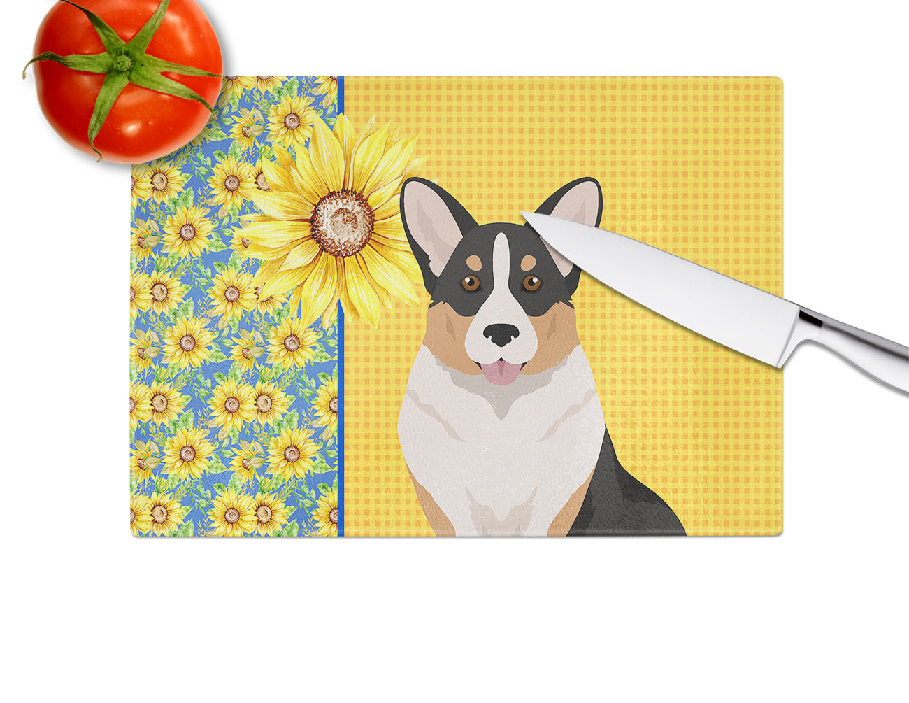 Summer Sunflowers Tricolor Cardigan Corgi Glass Cutting Board Large - the-store.com