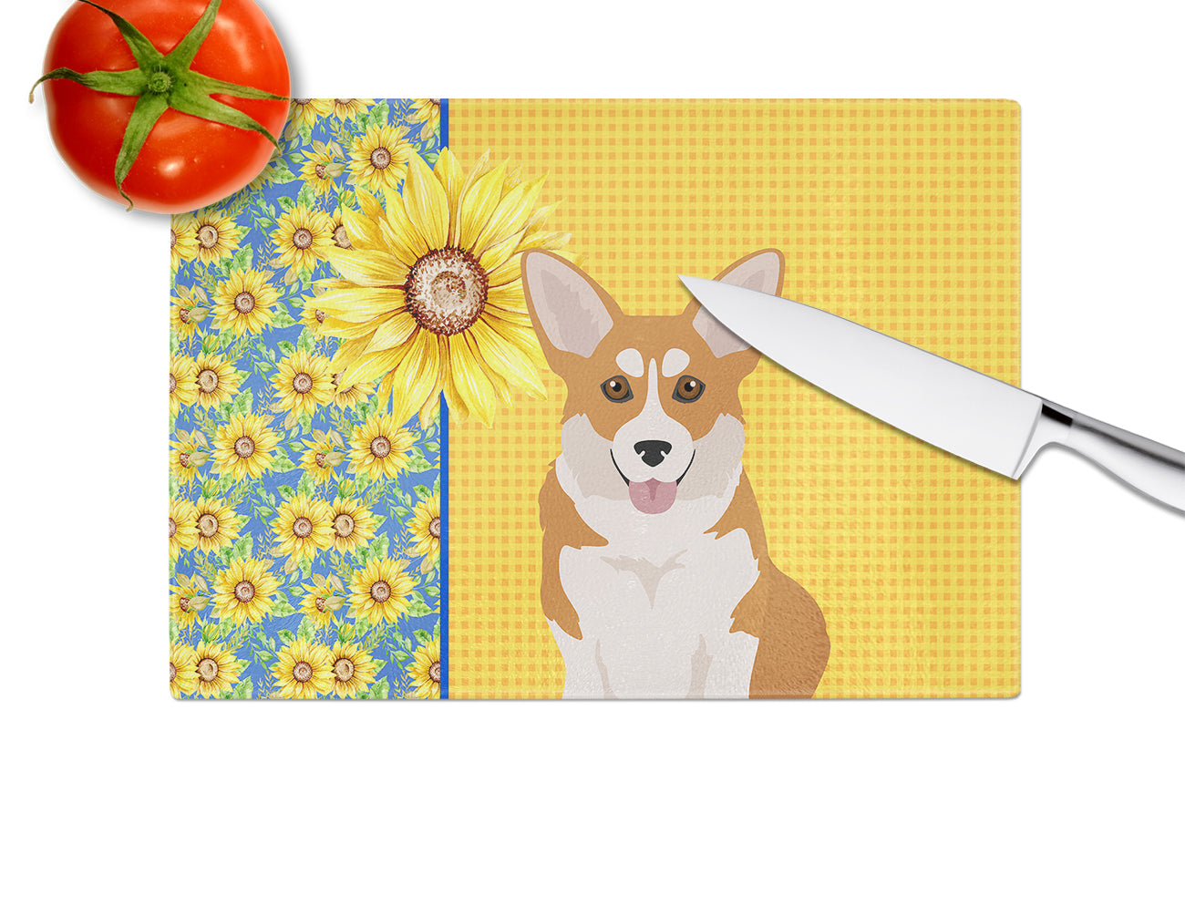 Summer Sunflowers Red Pembroke Corgi Glass Cutting Board Large - the-store.com