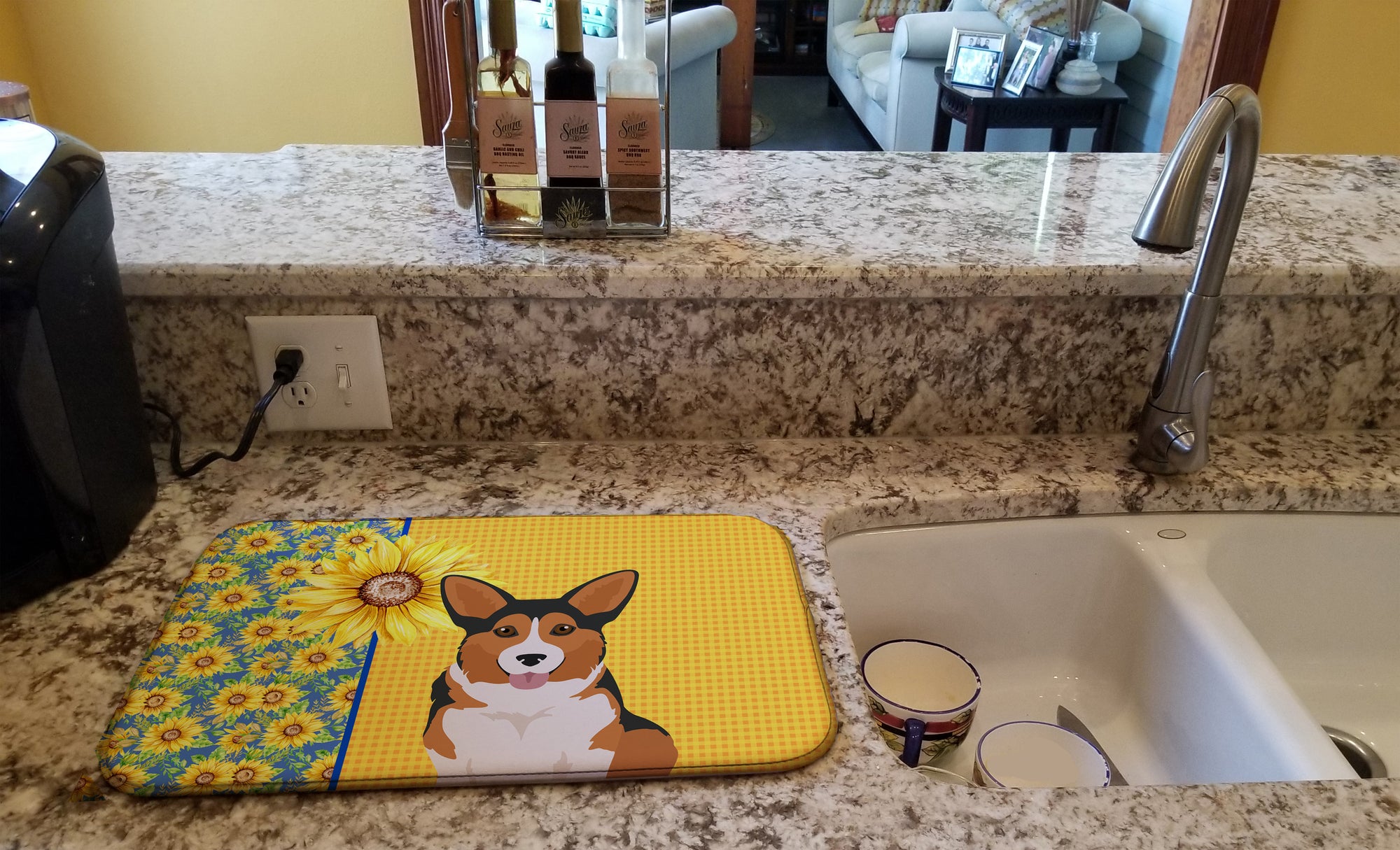 Summer Sunflowers Sable Pembroke Corgi Dish Drying Mat  the-store.com.