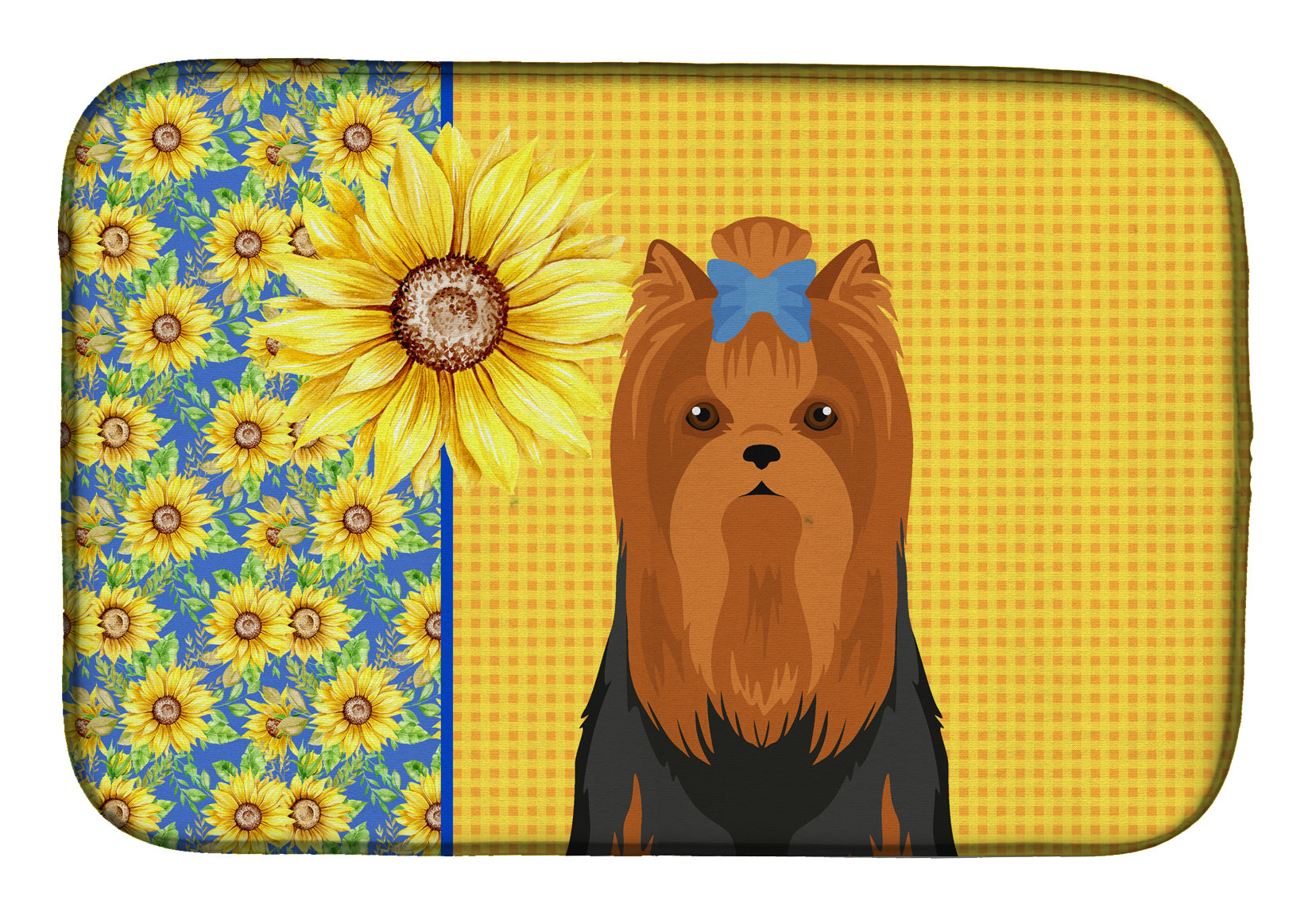 Summer Sunflowers Black and Tan Full Coat Yorkshire Terrier Dish Drying Mat  the-store.com.