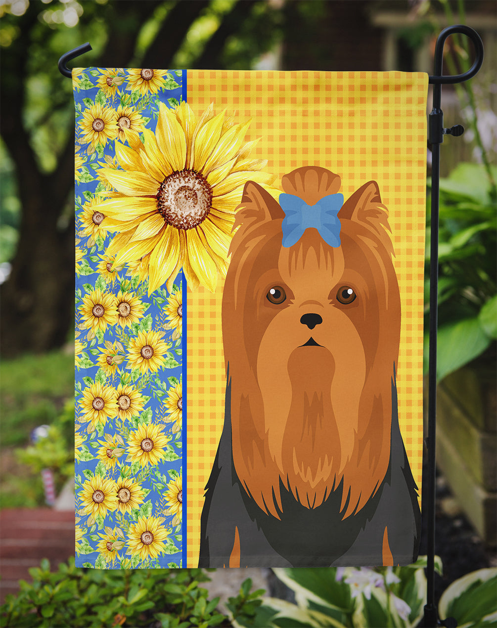 Summer Sunflowers Black and Tan Full Coat Yorkshire Terrier Flag Garden Size  the-store.com.