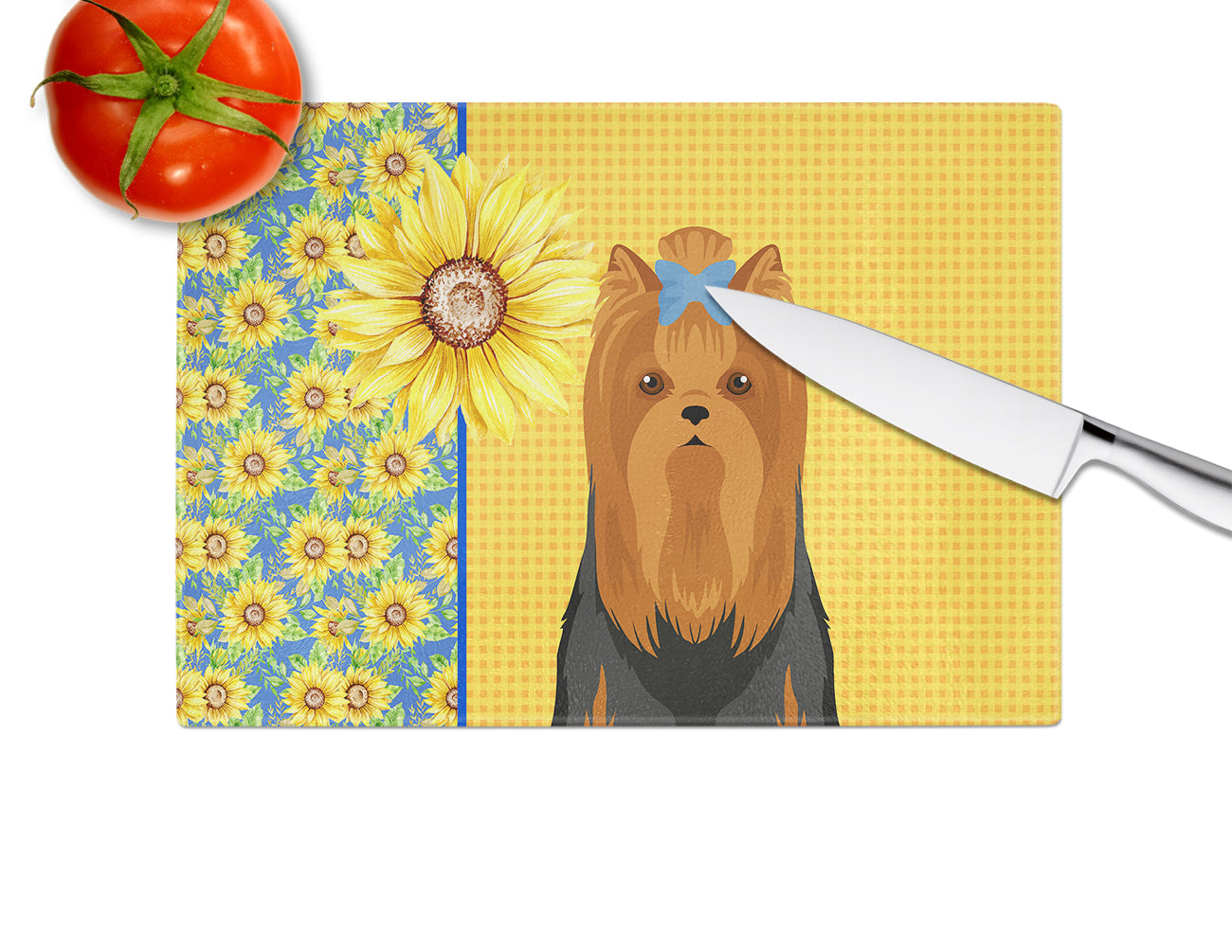 Summer Sunflowers Black and Tan Full Coat Yorkshire Terrier Glass Cutting Board Large - the-store.com