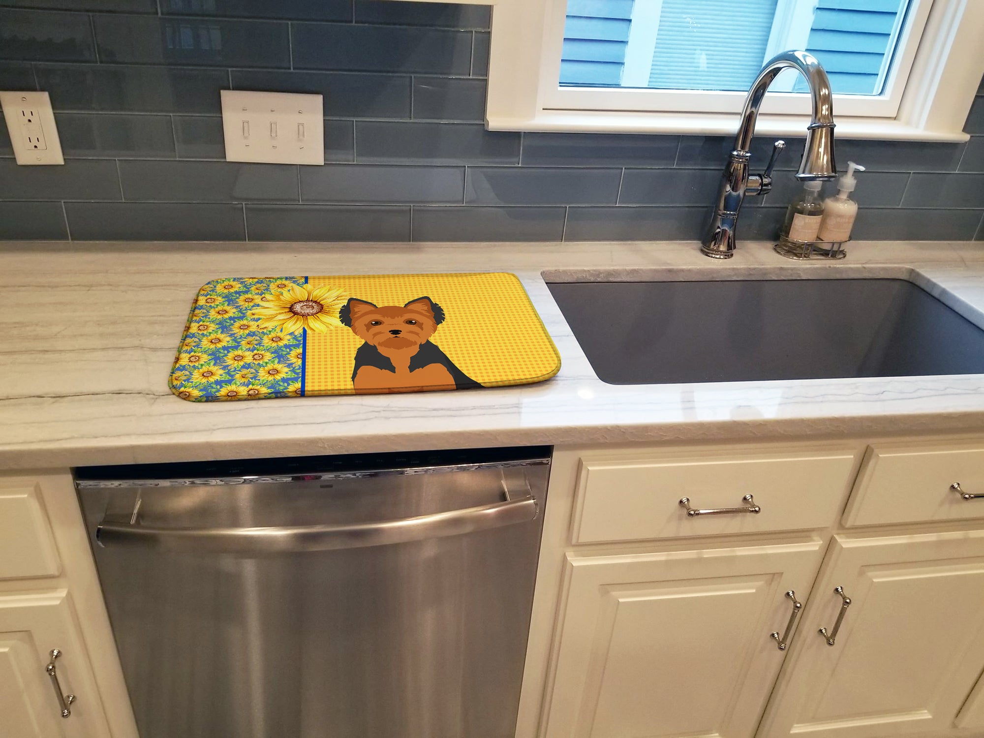 Summer Sunflowers Black and Tan Puppy Cut Yorkshire Terrier Dish Drying Mat  the-store.com.