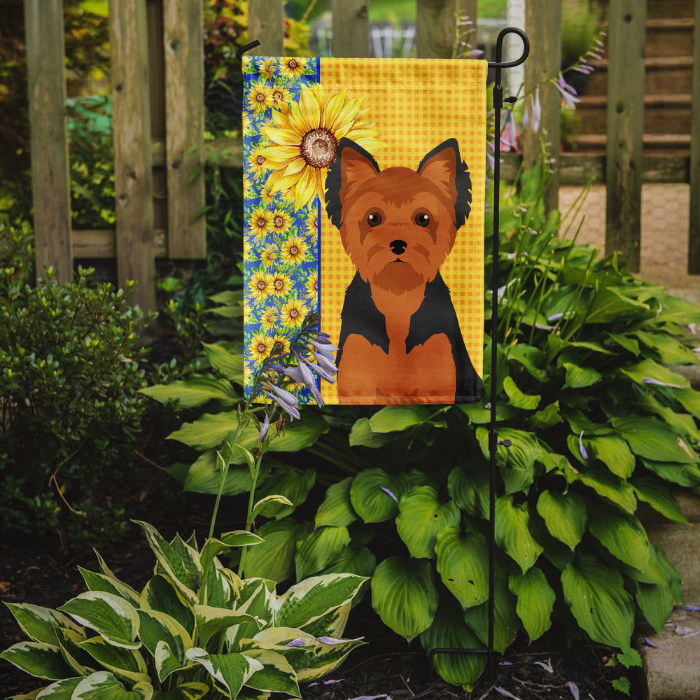 Summer Sunflowers Black and Tan Puppy Cut Yorkshire Terrier Flag Garden Size  the-store.com.
